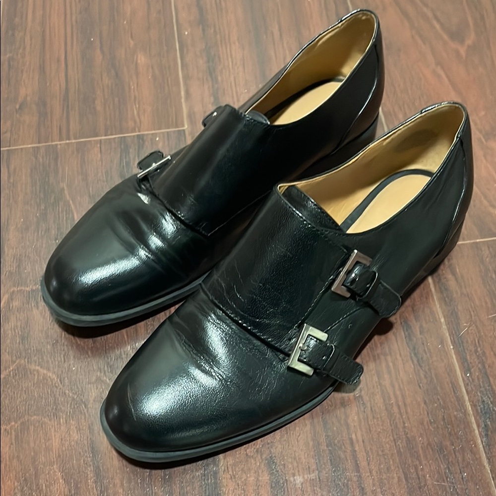 Womens Black Leather Monk Strap Shoes